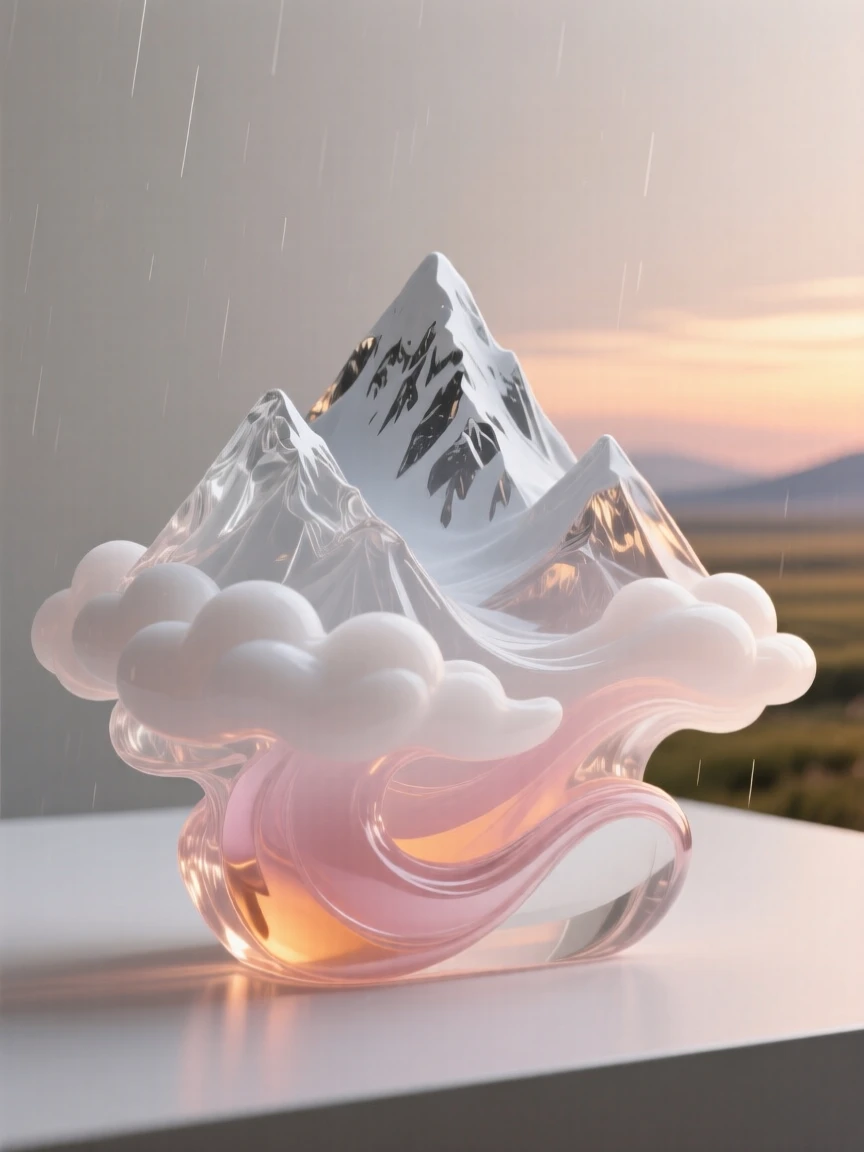 A range of snow-capped mountains rising above rolling clouds beneath the soft glow of a setting sun, while the wind carries the scent of rain across the plain