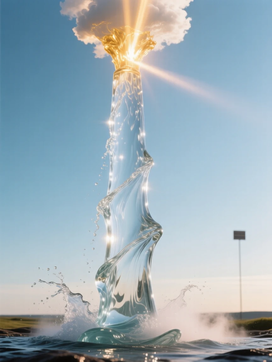 A geyser erupting in a tall column against the sky as clouds part to reveal rays of golden light