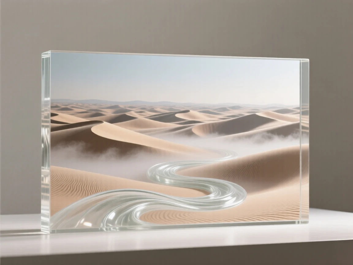 A desert of rolling dunes stretching to the horizon, with mist curling low across the valley floor