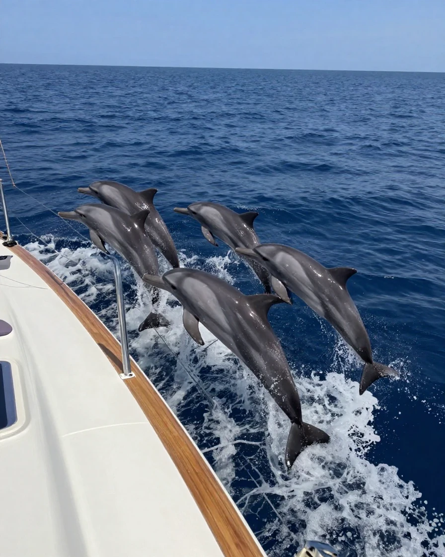 A group of dolphins surfs the bow wave of a sailboat in open water.