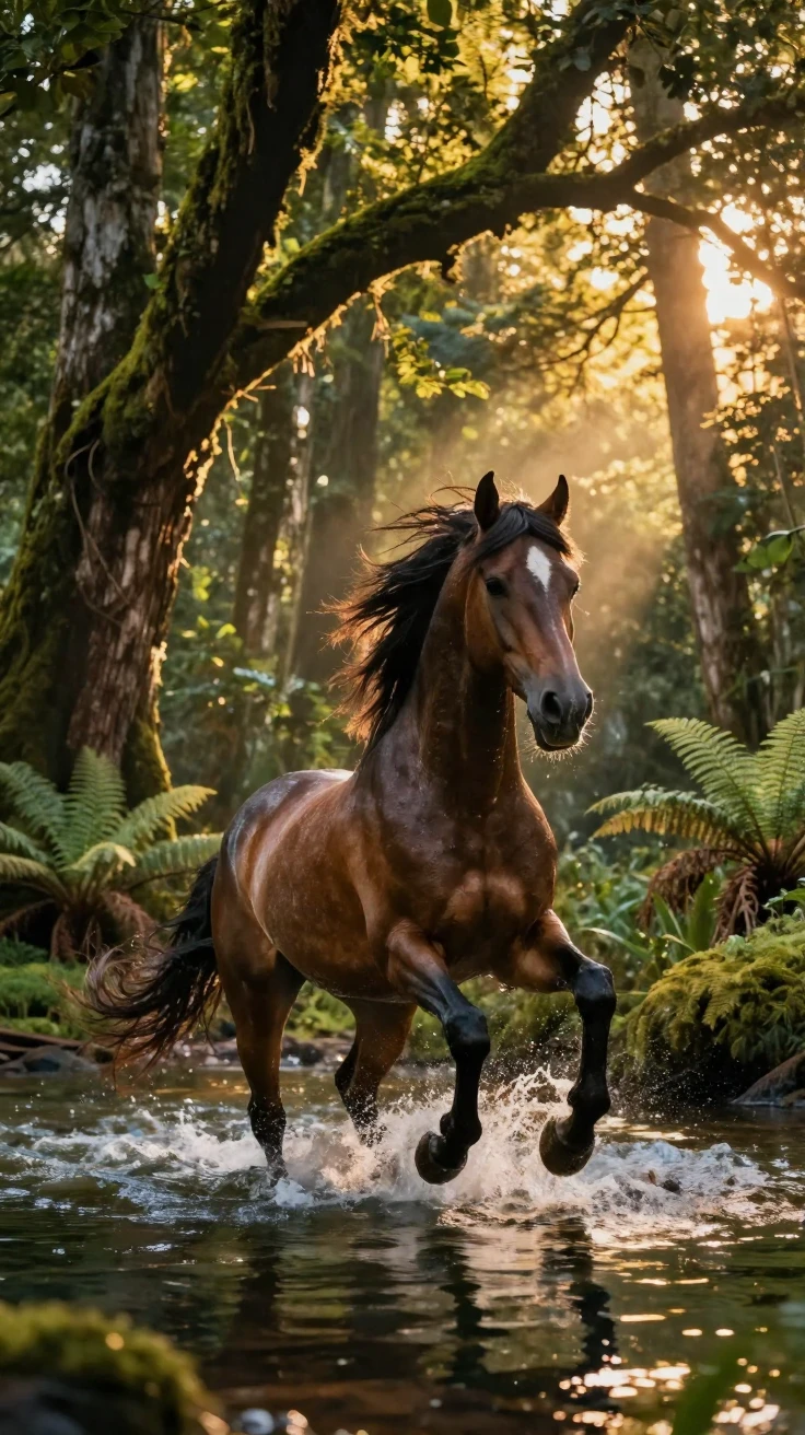 A majestic stallion playing together in shallow water beneath the canopy of an ancient forest as the day slowly fades