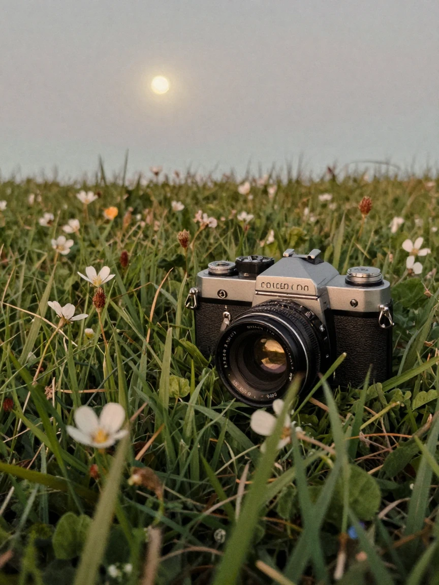 A meadow bursting with fresh green grass and scattered wildflowers, under moonlight, on a clear, cloudless day, in early spring, with deep emerald greens and browns, in a tight close-up.