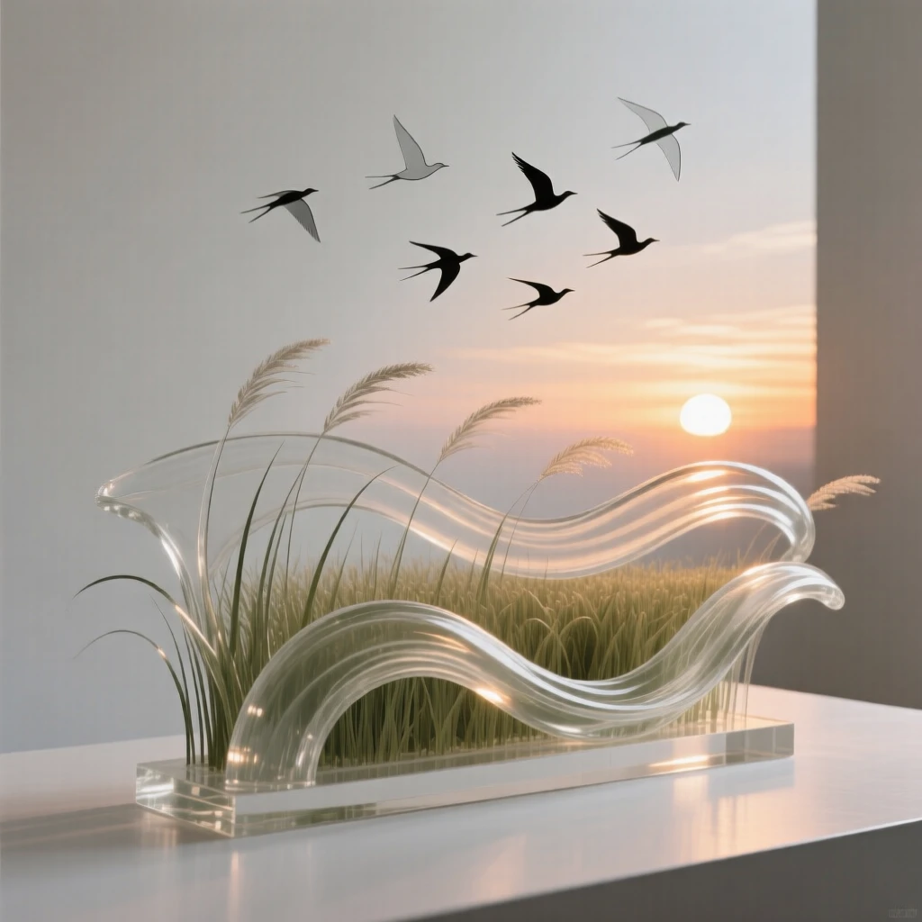 Beneath the soft glow of a setting sun, a field of tall grass rippling like waves in the wind, while a flock of birds crosses the open sky