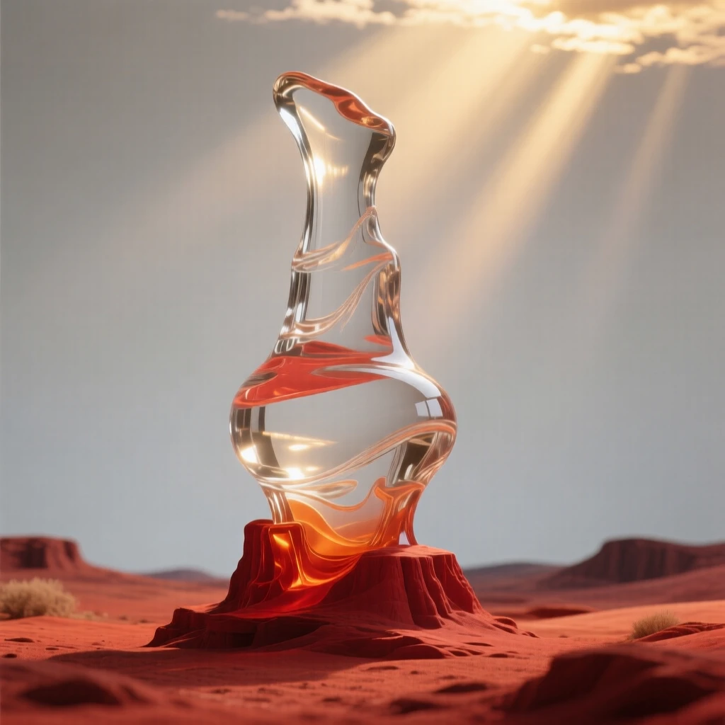 A hoodoo formation rising from a red rock desert as clouds part to reveal rays of golden light