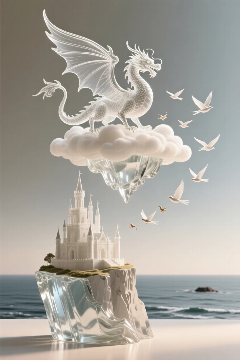 With a castle perched on a distant cliff above the sea, a dragon perched atop a floating island above the clouds, while a flock of smaller creatures scatters into flight