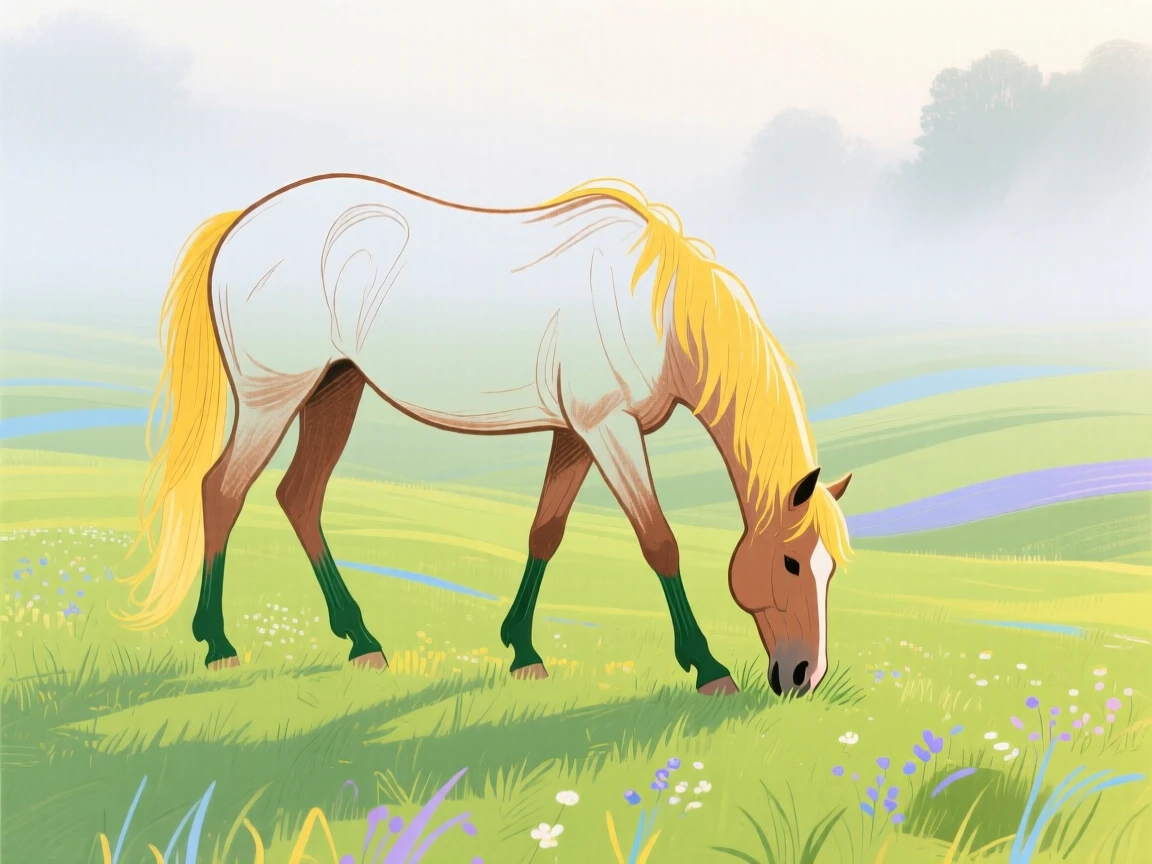 A grazing horse wandering in a sunlit meadow as fog rolls in.