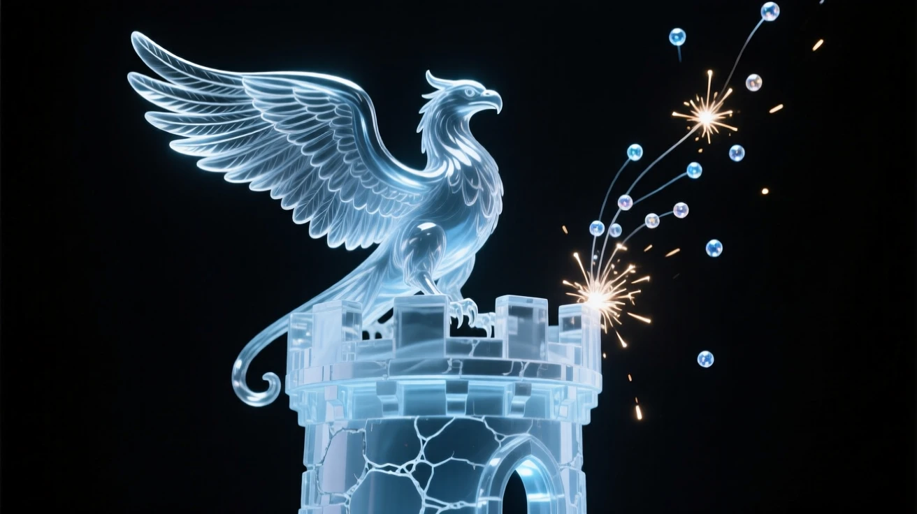 A griffin perched atop a crumbling ancient tower while sparks drift upward into the night air