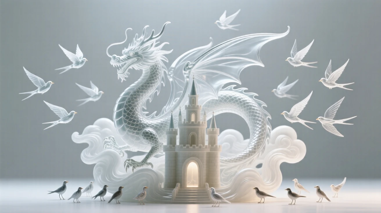 As hundreds of birds circle through the surrounding clouds, a dragon curled protectively around an ancient castle, while a flock of smaller creatures scatters into flight