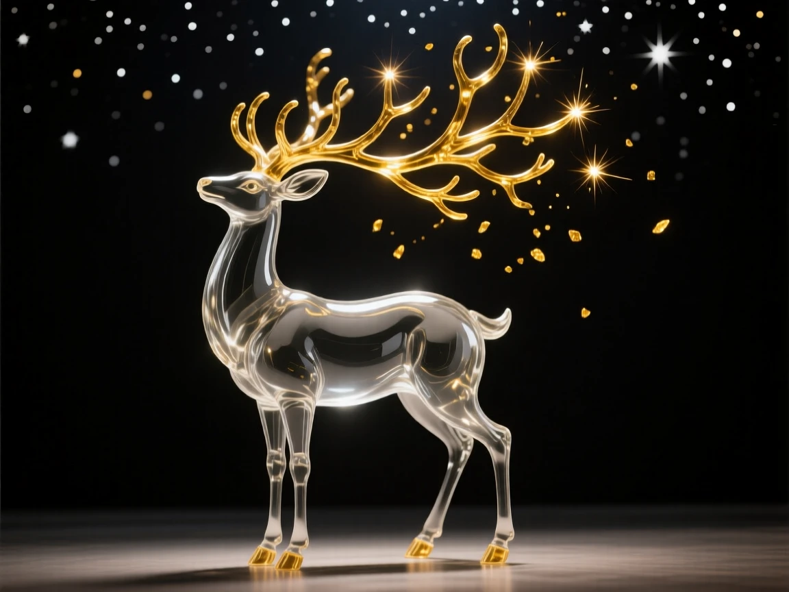 A mythical stag with antlers made of branching golden light beneath a canopy of stars scattered across the night, while sparks drift upward into the night air