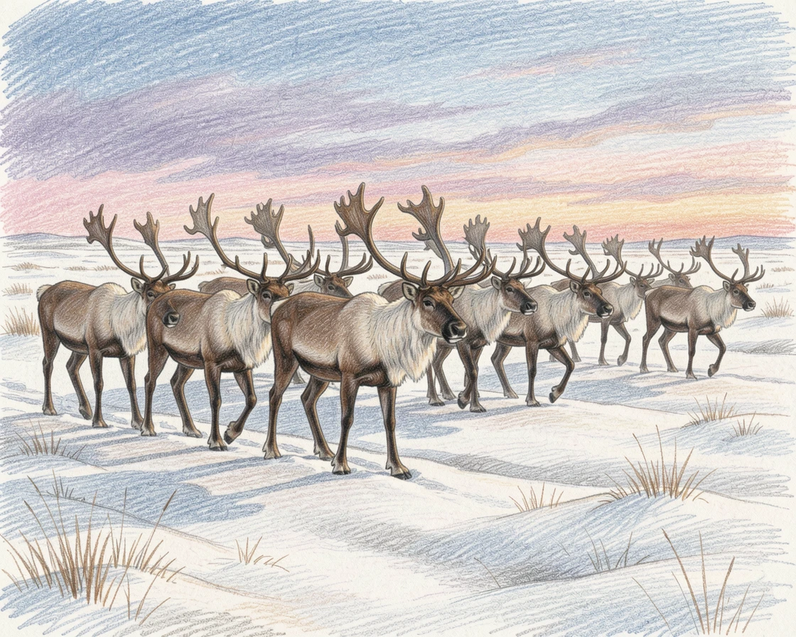 A herd of reindeer crossing a snowy Arctic tundra, with rich, inviting textures throughout the scene, celebrating a moment people would love to revisit.