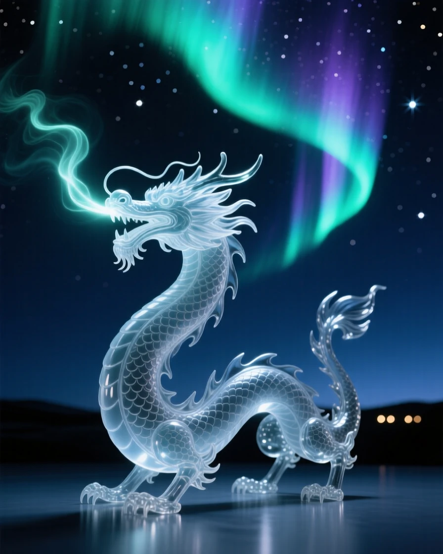 Beneath a sky filled with swirling northern lights, a dragon breathing a gentle stream of light into the night sky, while distant lights flicker like scattered stars