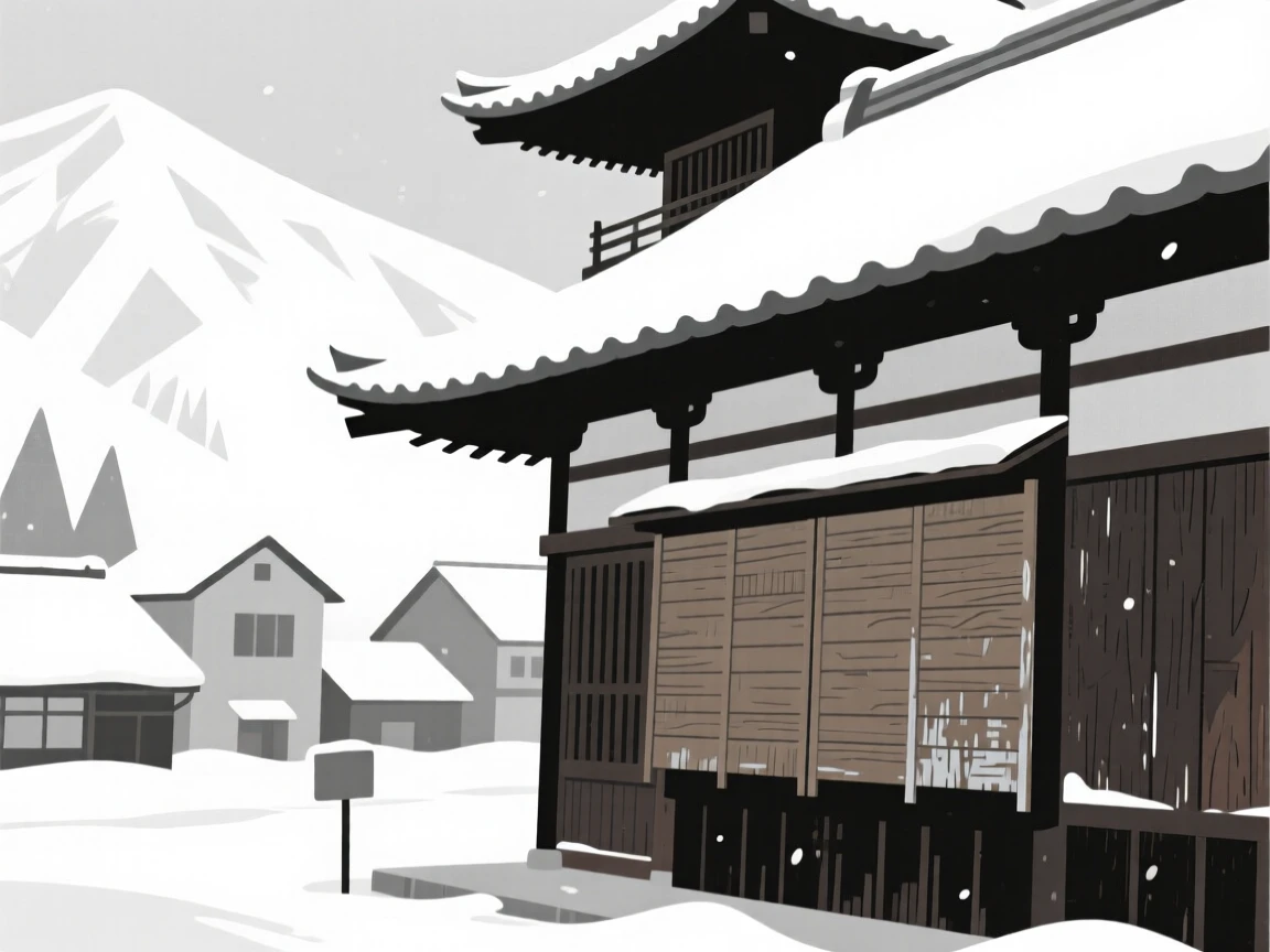 A quiet corner of a Japanese pagoda within a snow-dusted alpine town, featuring weathered wooden shutters, full of historic charm.