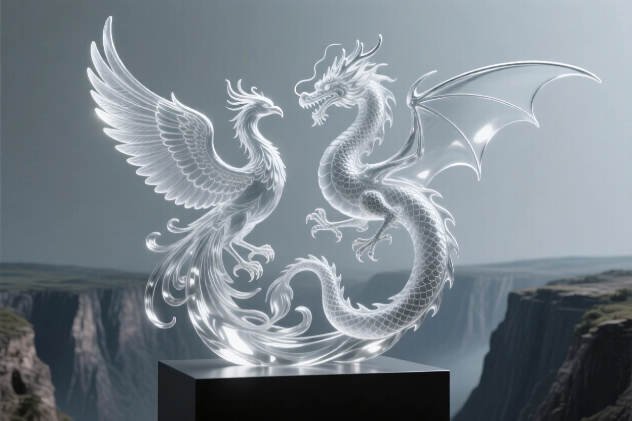 A phoenix and a dragon circling each other above a canyon while the wind carries a faint, otherworldly song