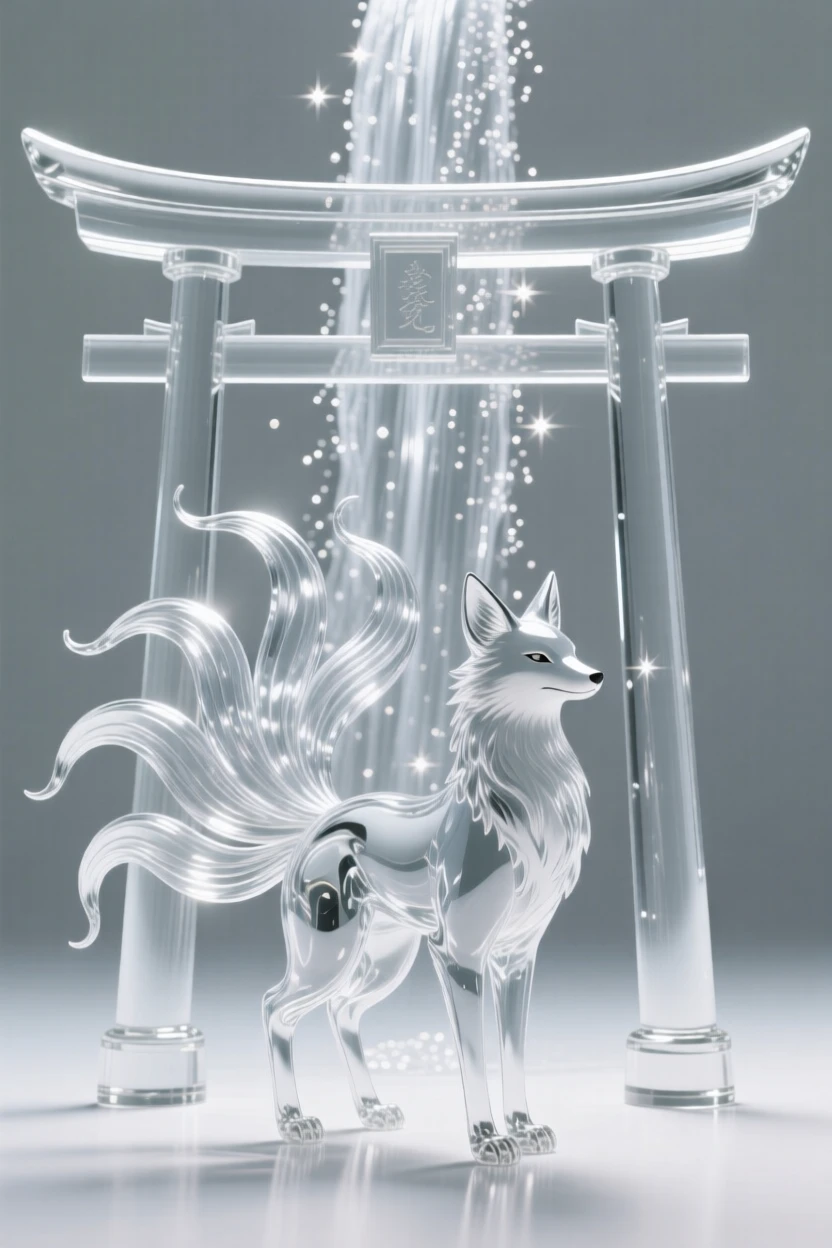 As a waterfall of stardust cascades in the background, a fox spirit with nine tails standing beneath a torii gate, while distant lights flicker like scattered stars
