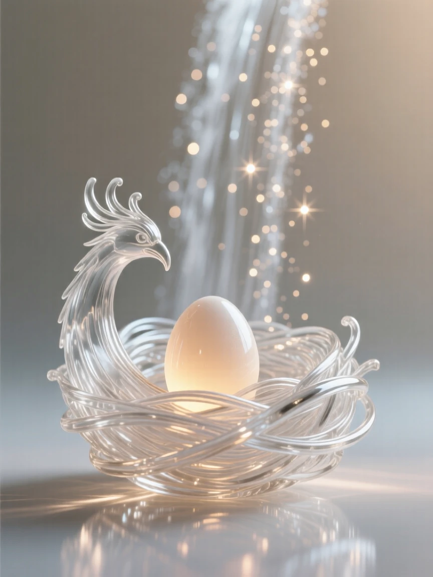 As a waterfall of stardust cascades in the background, a phoenix nest cradling a single glowing egg