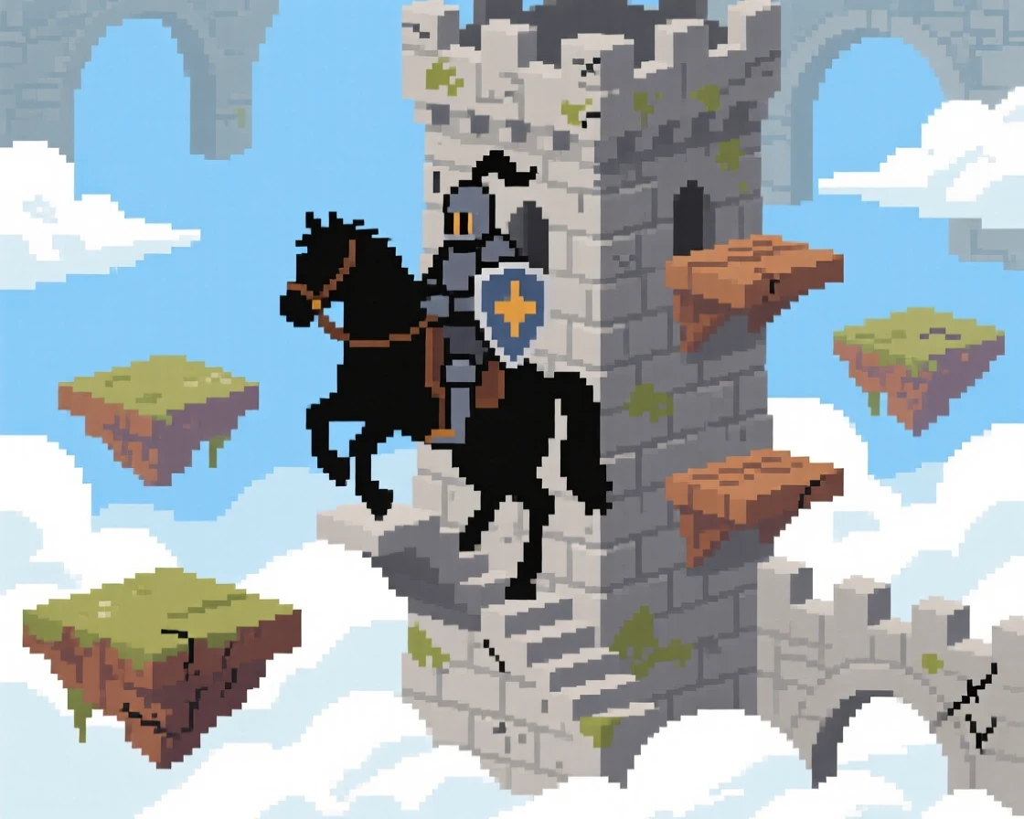 A mounted knight climbing a tower guarded by floating platforms, atop a floating sky fortress.