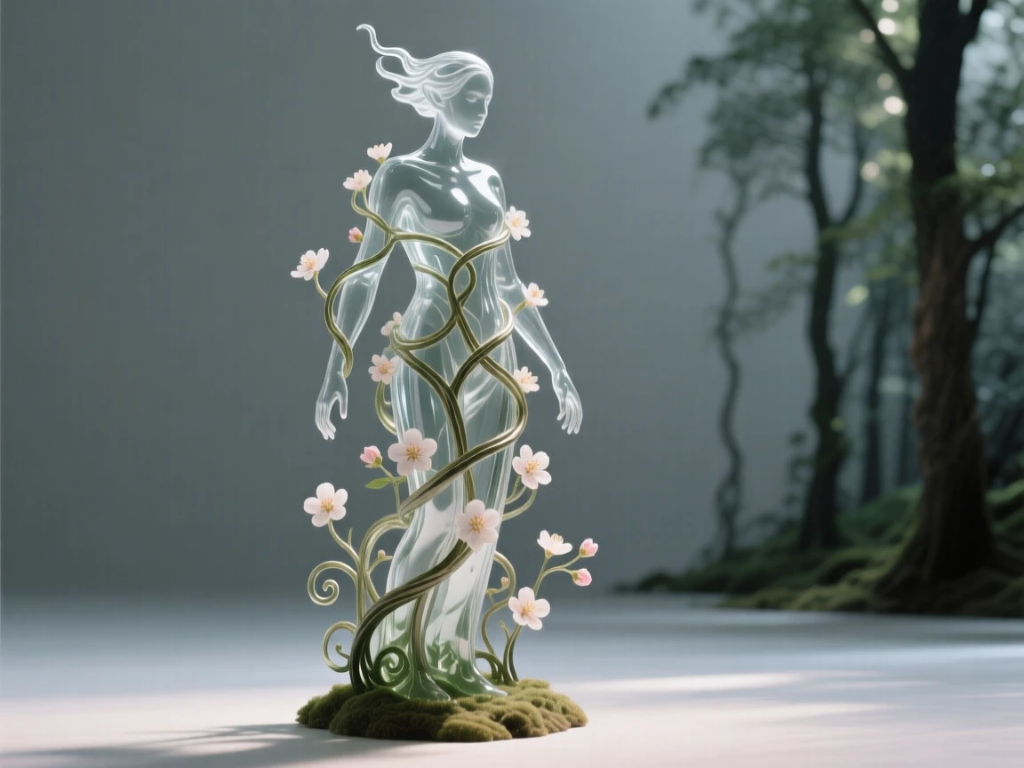 A forest spirit made of vines and blossoms standing among the trees while distant lights flicker like scattered stars