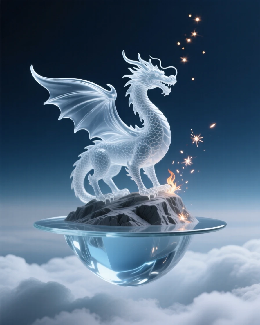 A dragon perched atop a floating island above the clouds while sparks drift upward into the night air