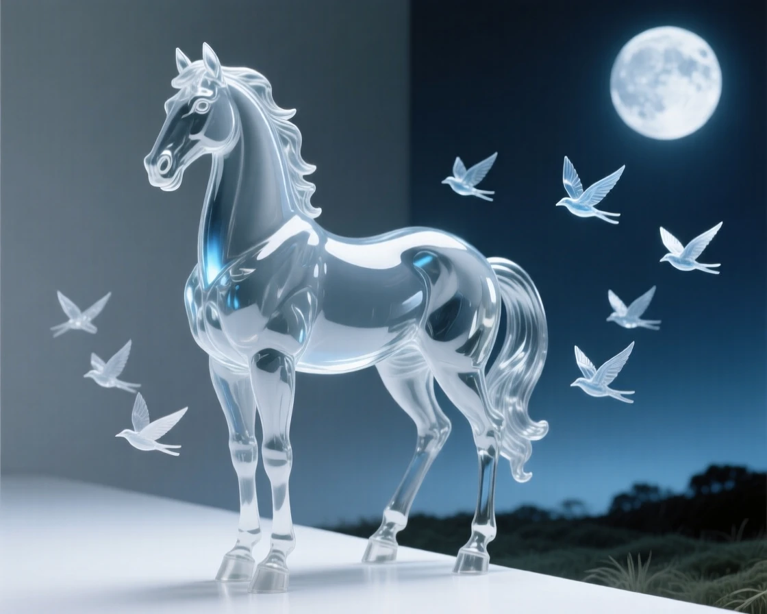 A centaur standing watch at the edge of a moonlit clearing with an ancient forest stretching endlessly behind it, while a flock of smaller creatures scatters into flight
