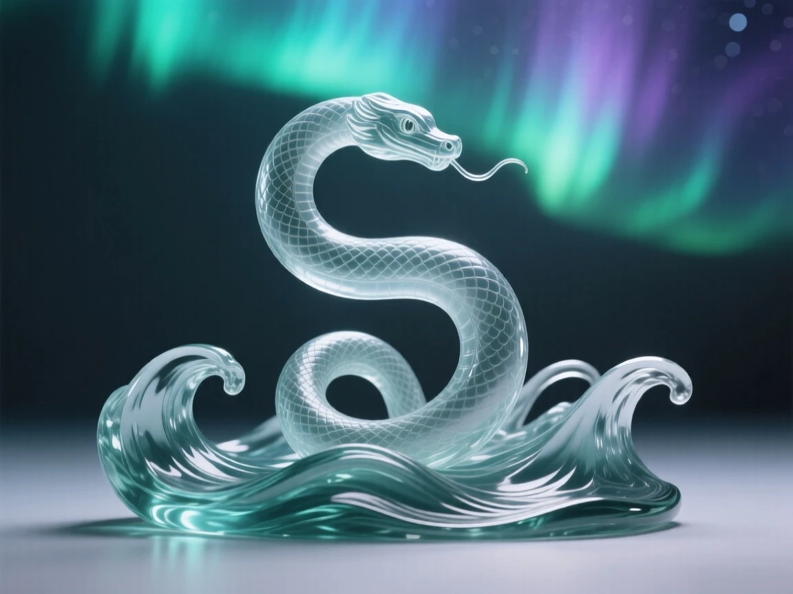 A sea serpent coiling gracefully through ocean waves, beneath a sky filled with swirling northern lights