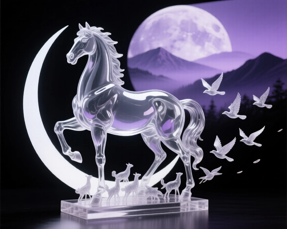 With distant mountains fading into a purple mist, a centaur standing watch at the edge of a moonlit clearing, while a flock of smaller creatures scatters into flight