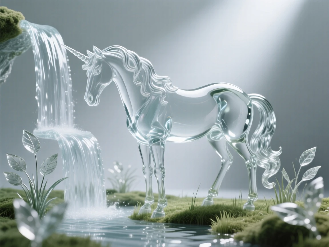 Beneath a sky split by streaks of golden light, a unicorn grazing beside a waterfall in an enchanted glade