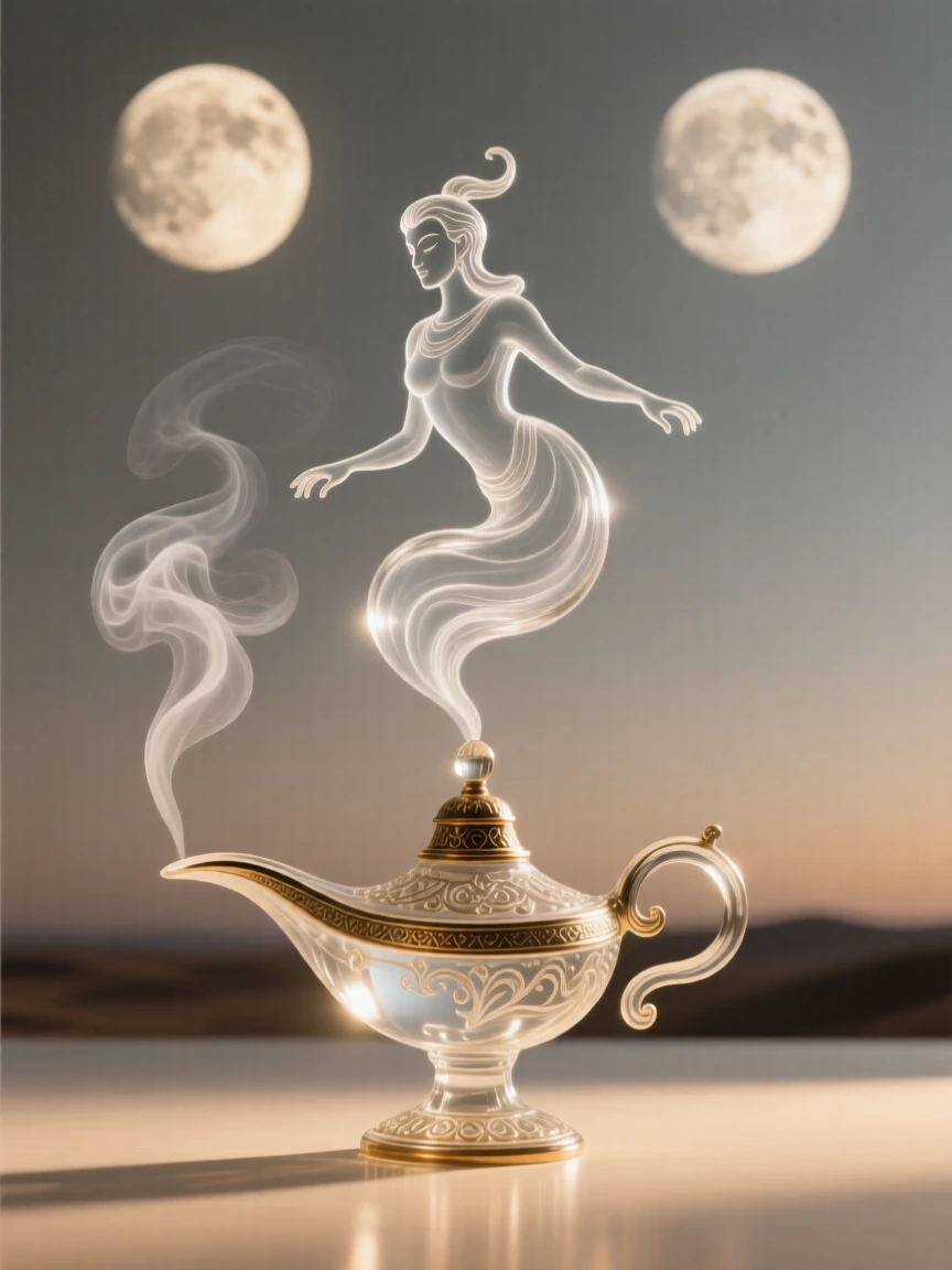 A genie rising in a spiral of smoke above an ancient lamp, beneath twin moons hanging low over the horizon