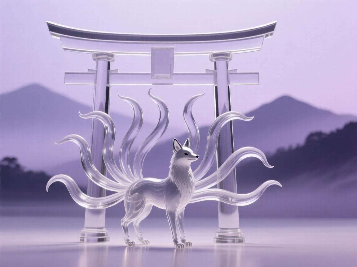 A fox spirit with nine tails standing beneath a torii gate with distant mountains fading into a purple mist