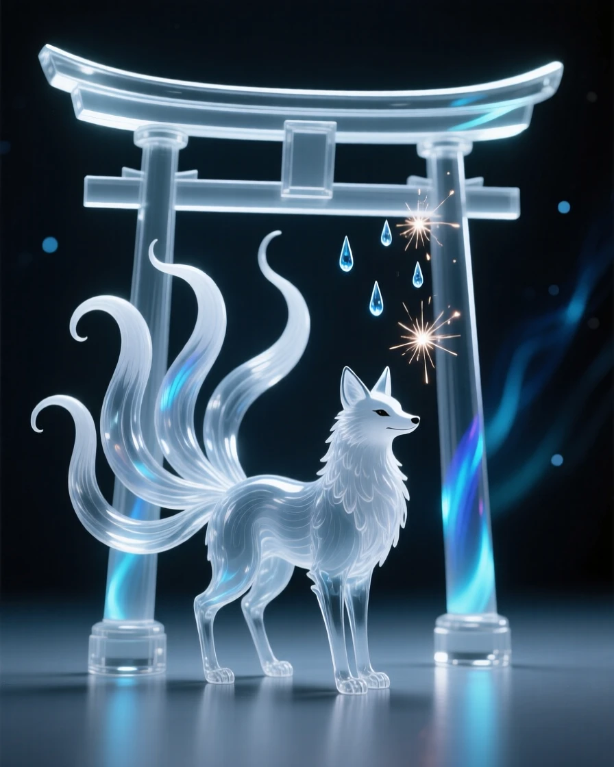 A fox spirit with nine tails standing beneath a torii gate beneath a sky filled with swirling northern lights, while sparks drift upward into the night air