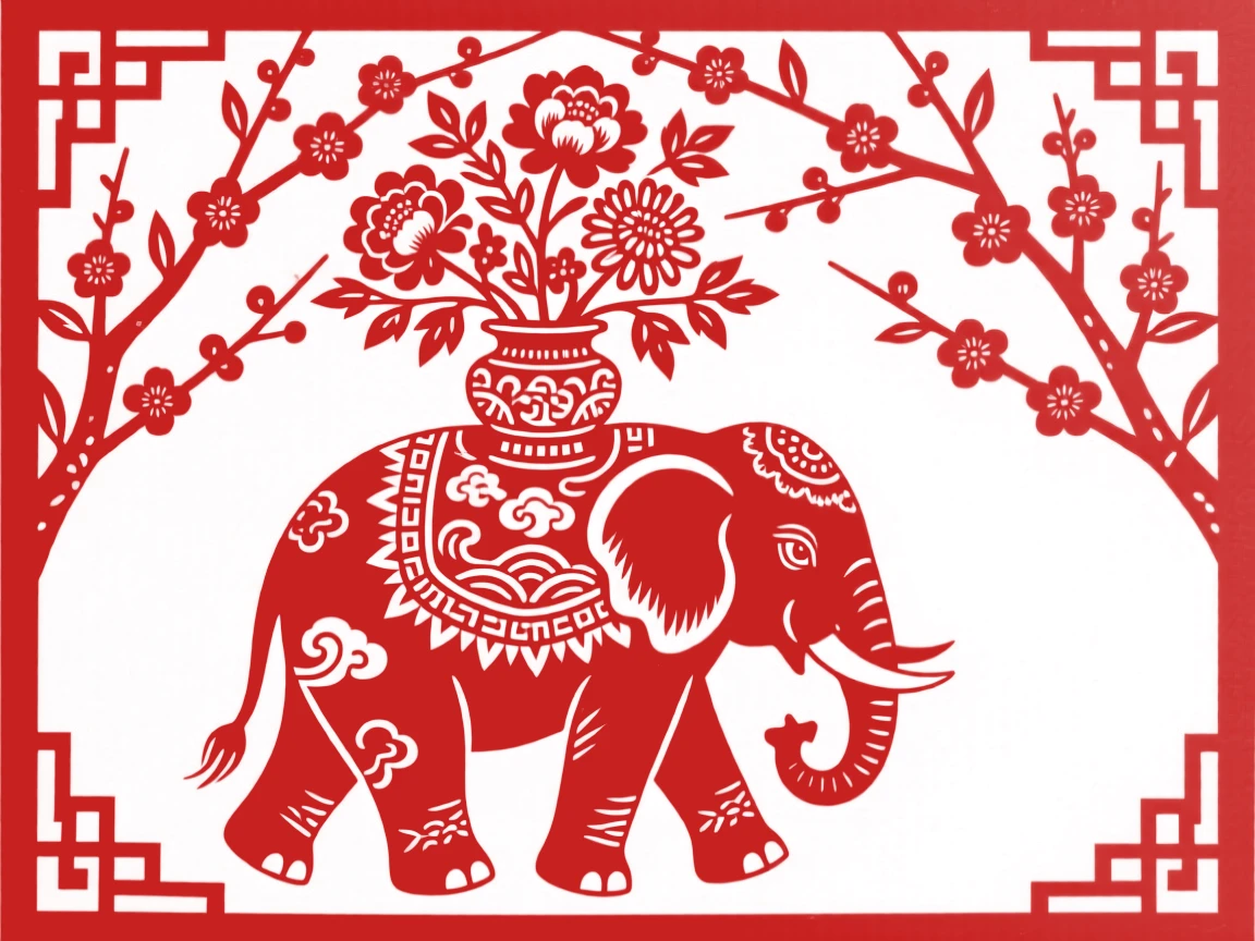 An elephant carrying a vase of flowers on its back, walking beneath a canopy of blossoming branches