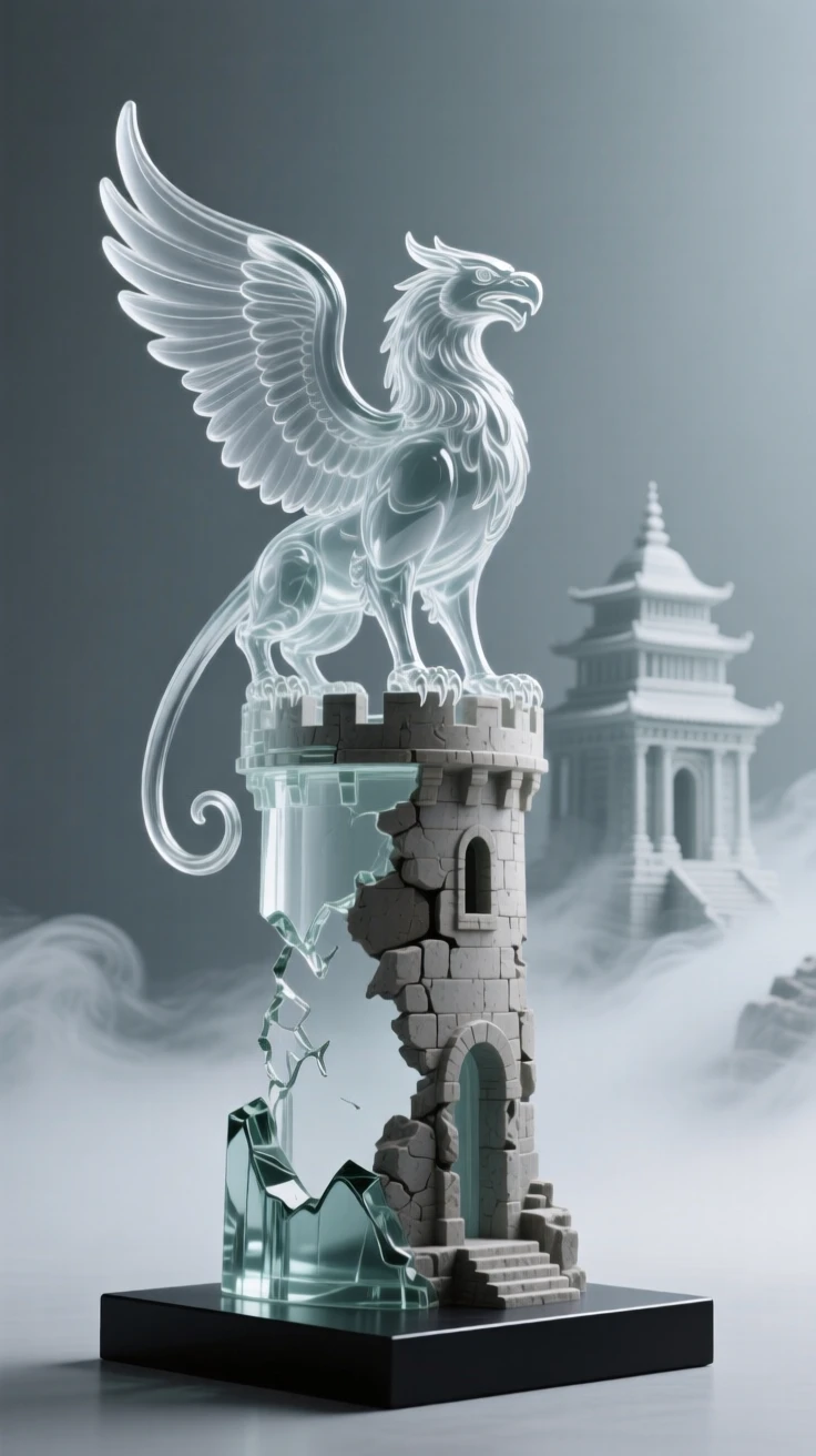 A griffin perched atop a crumbling ancient tower, with an ancient temple rising from the mist behind it