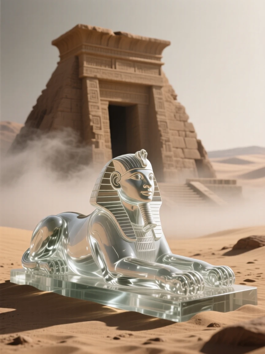 A sphinx resting before the entrance to a hidden desert temple with an ancient temple rising from the mist behind it, while the wind carries a faint, otherworldly song