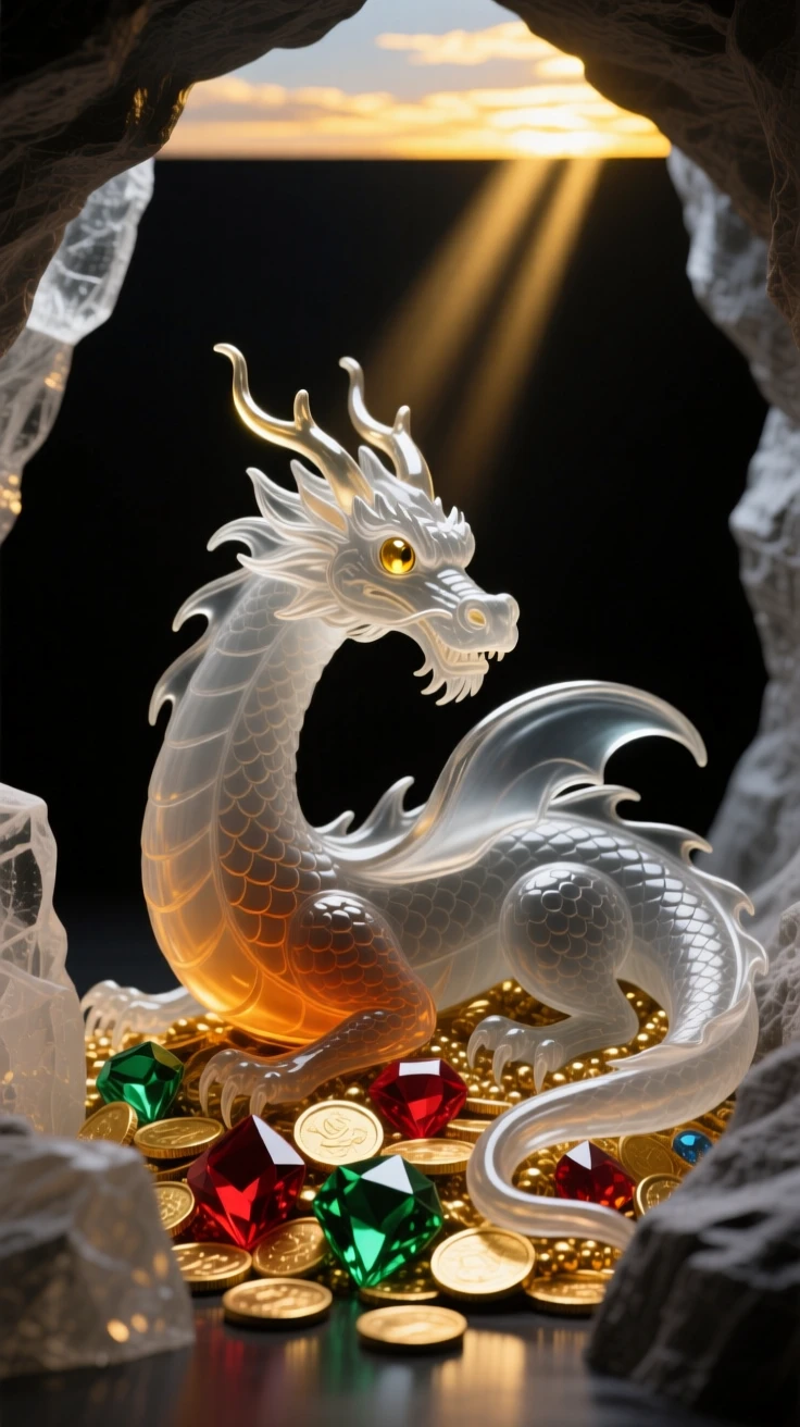 Beneath a sky split by streaks of golden light, a wise old dragon guarding a hoard of treasure in a cave