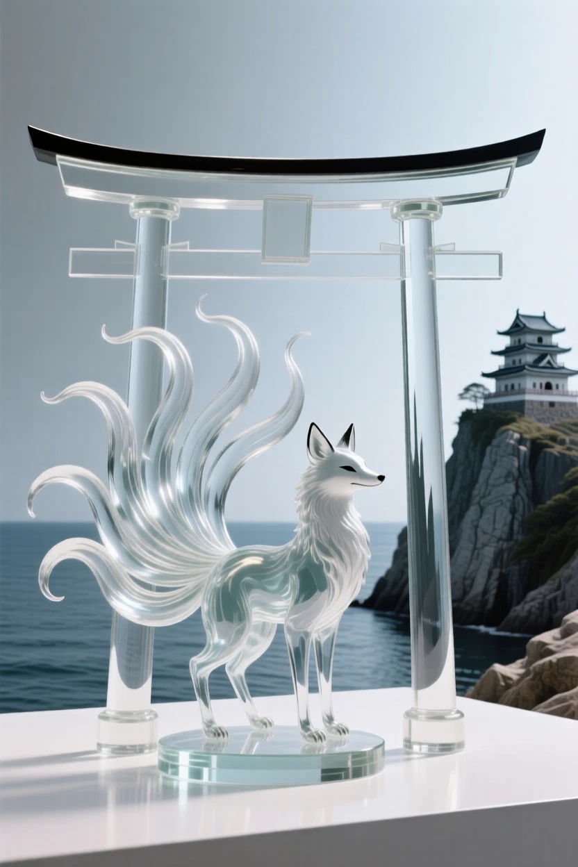 A fox spirit with nine tails standing beneath a torii gate, with a castle perched on a distant cliff above the sea