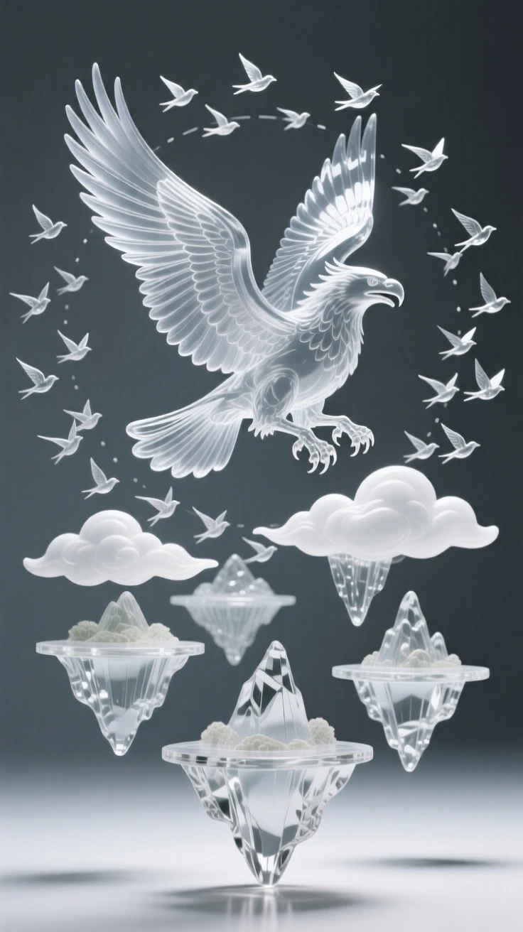 A griffin soaring above a range of floating islands, as hundreds of birds circle through the surrounding clouds
