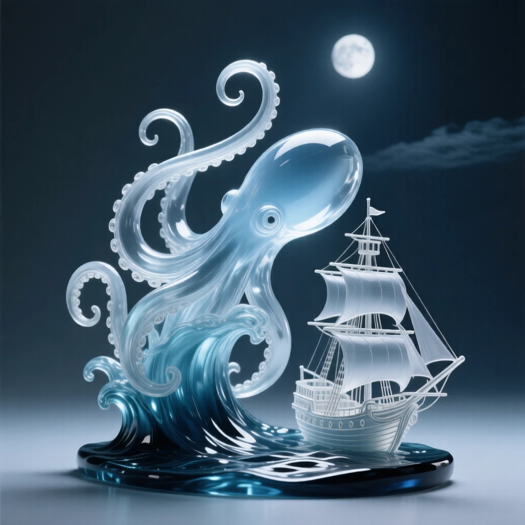 As moonlight spills across a field of glowing flowers, a kraken rising from the depths beside a small ship