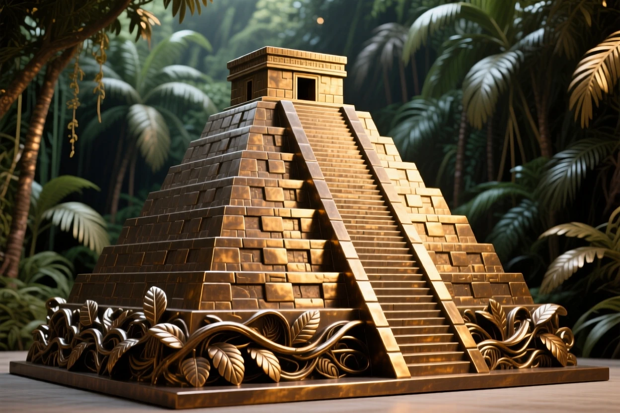 An ancient stepped pyramid rising above a jungle canopy, bathed in warm, golden light, exuding timeless grandeur