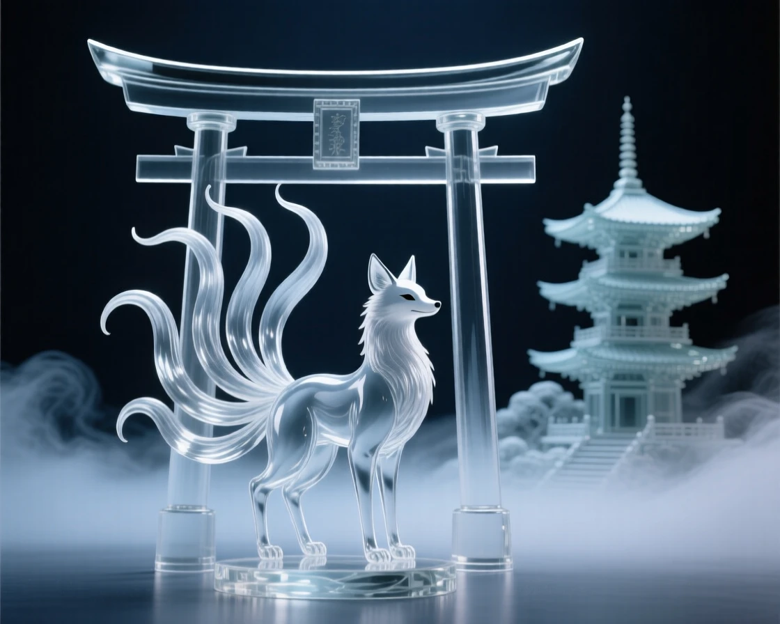 A fox spirit with nine tails standing beneath a torii gate with an ancient temple rising from the mist behind it