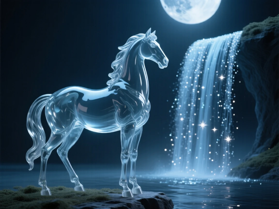 A centaur standing watch at the edge of a moonlit clearing as a waterfall of stardust cascades in the background