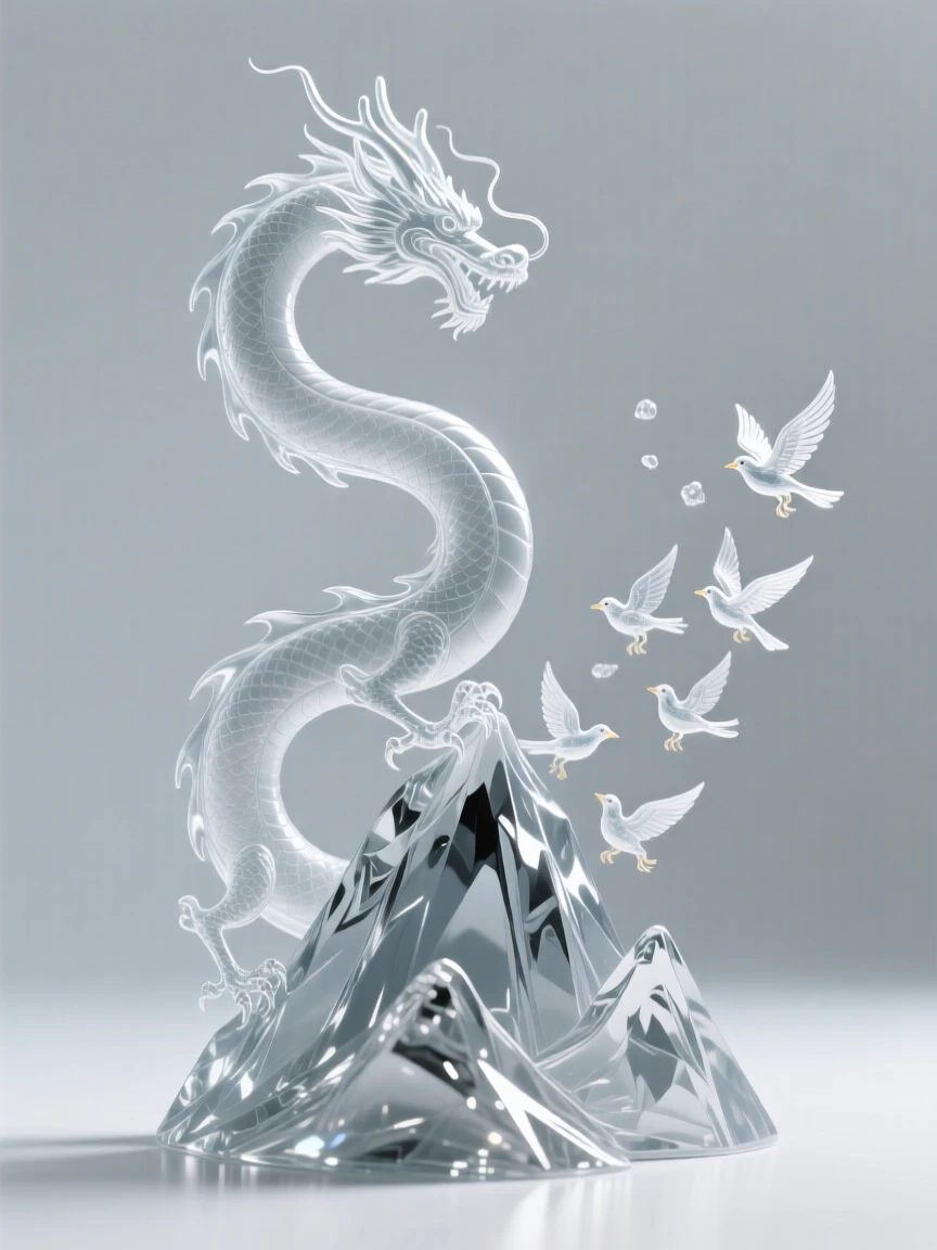 A dragon coiled along the spine of a mountain ridge while a flock of smaller creatures scatters into flight