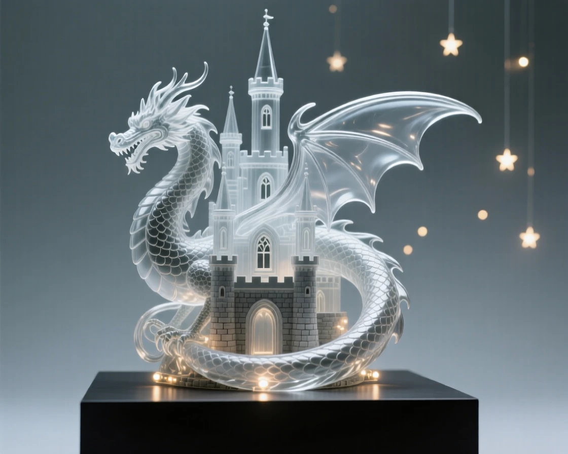 A dragon curled protectively around an ancient castle while distant lights flicker like scattered stars