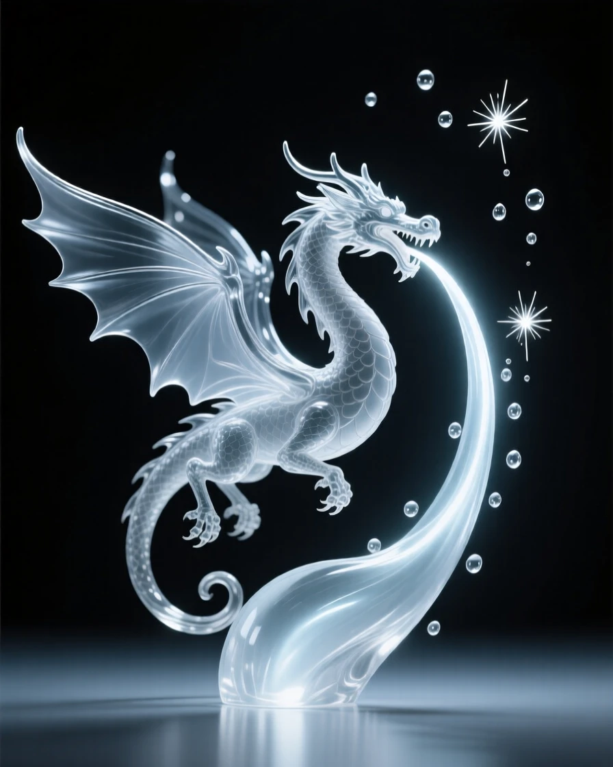 A dragon breathing a gentle stream of light into the night sky while sparks drift upward into the night air