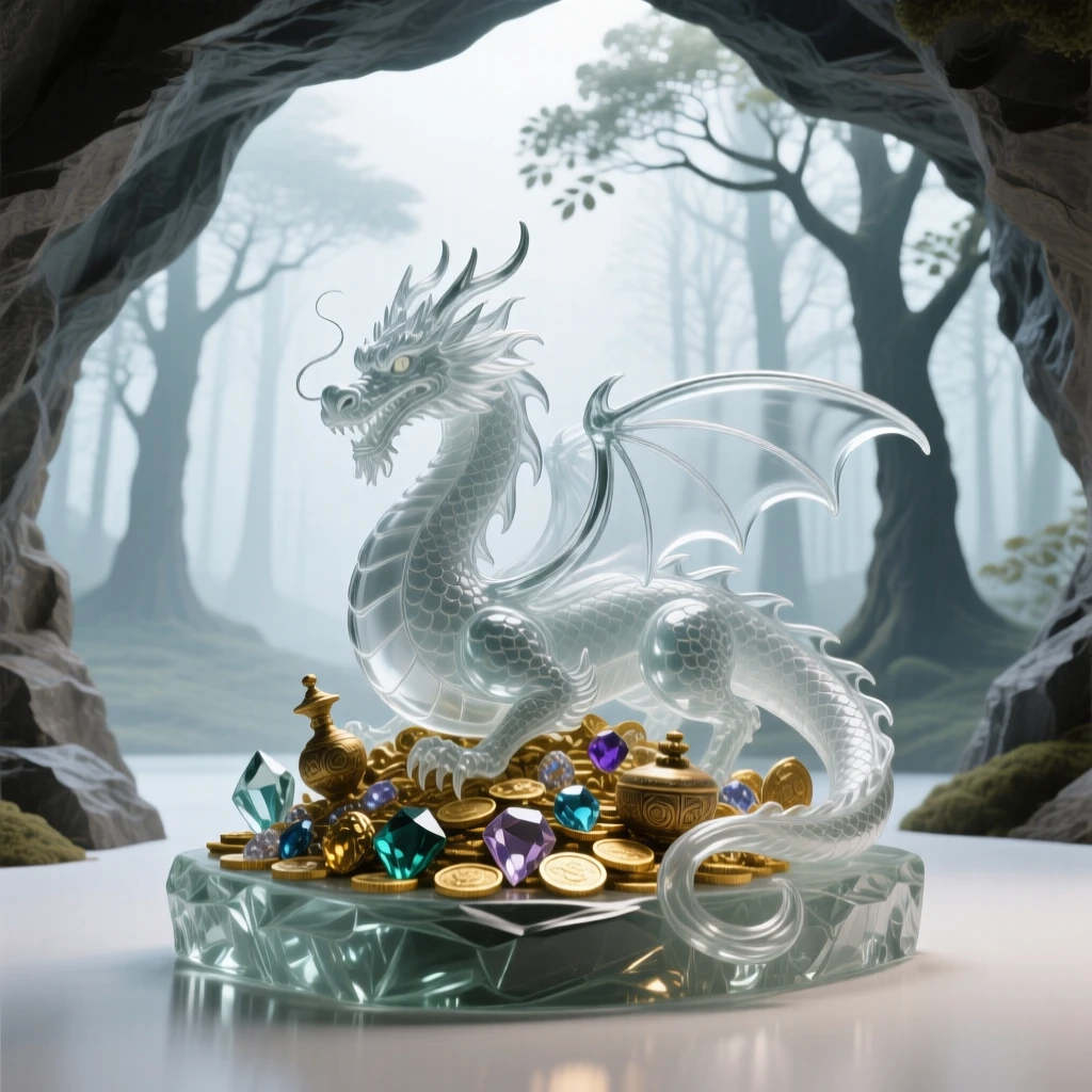 A wise old dragon guarding a hoard of treasure in a cave with an ancient forest stretching endlessly behind it