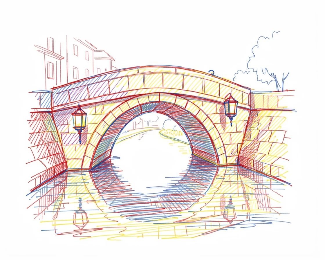 An ancient stone bridge lit by lanterns reflecting on a still canal