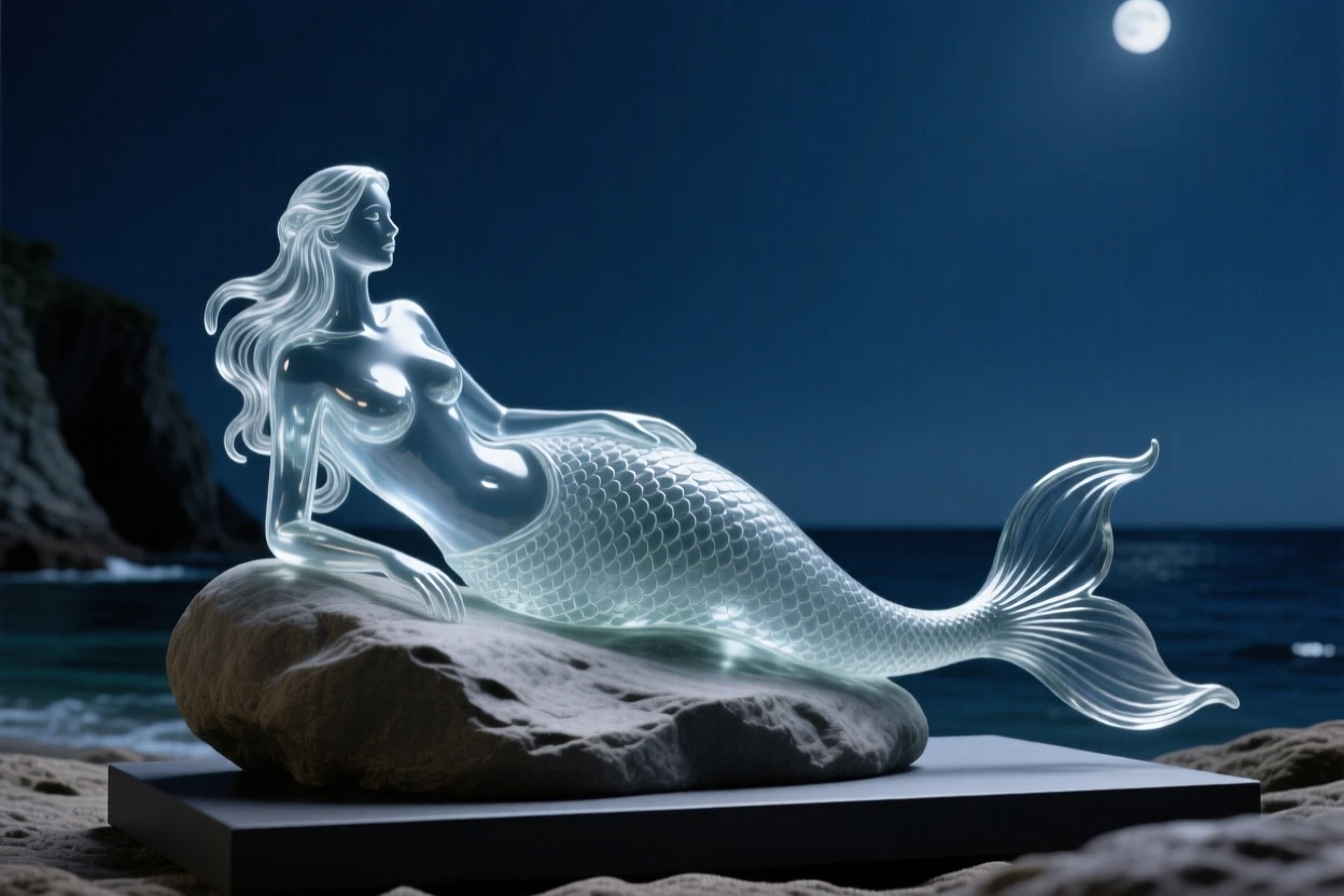 A mermaid resting on a rock at the edge of a hidden cove beneath a canopy of stars scattered across the night