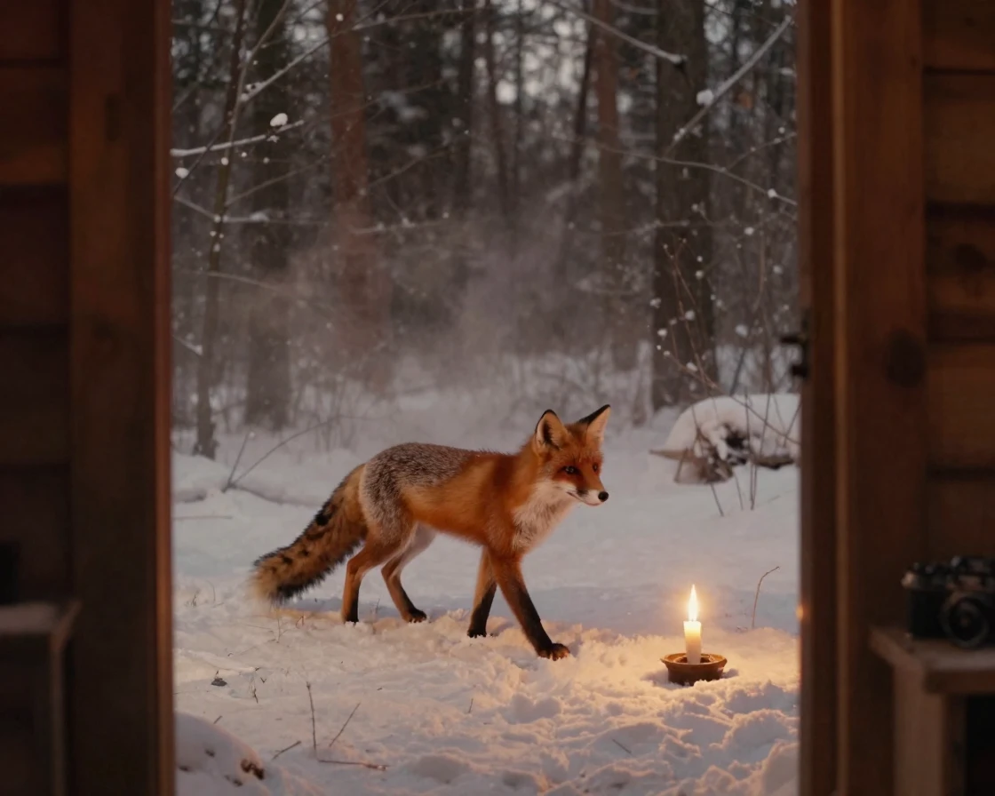 A red fox pausing mid-stride in a snow-dusted forest, under flickering candlelight, as mist rises off the ground, in the depths of winter, dominated by warm amber and rust tones, framed through an open doorway.