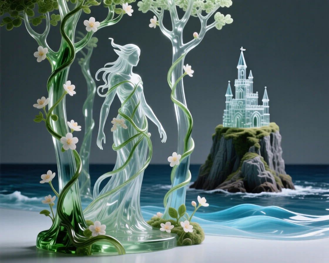 A forest spirit made of vines and blossoms standing among the trees with a castle perched on a distant cliff above the sea
