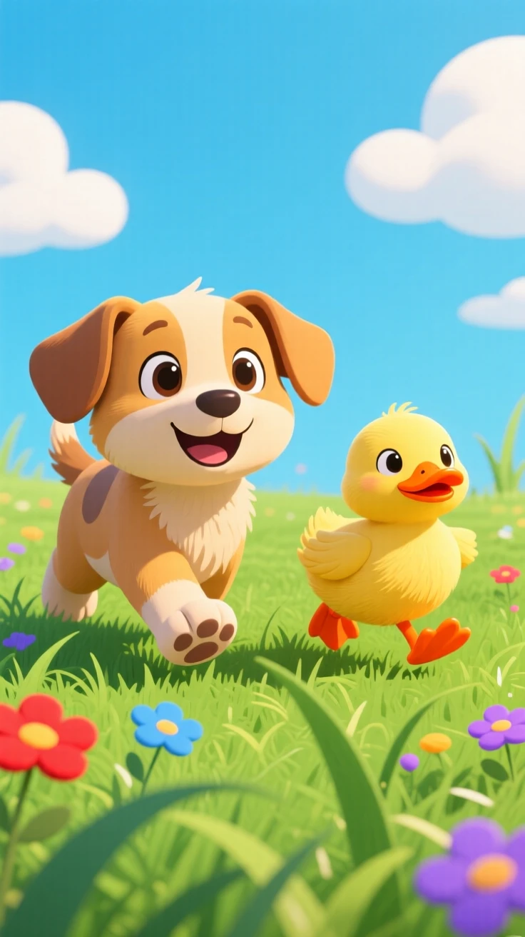 A puppy and a duckling waddling side by side through the grass.