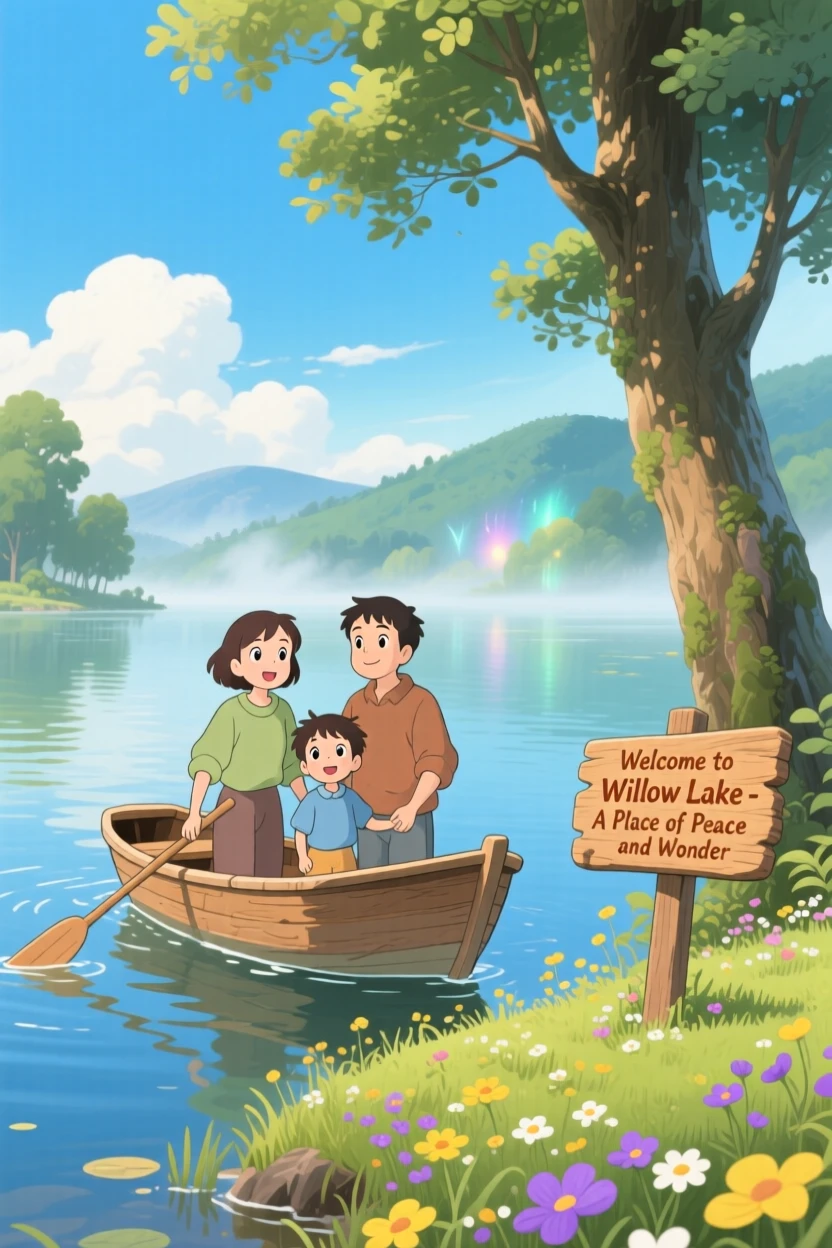 A family boarding a small boat for a lake outing, the scene peacefully content.