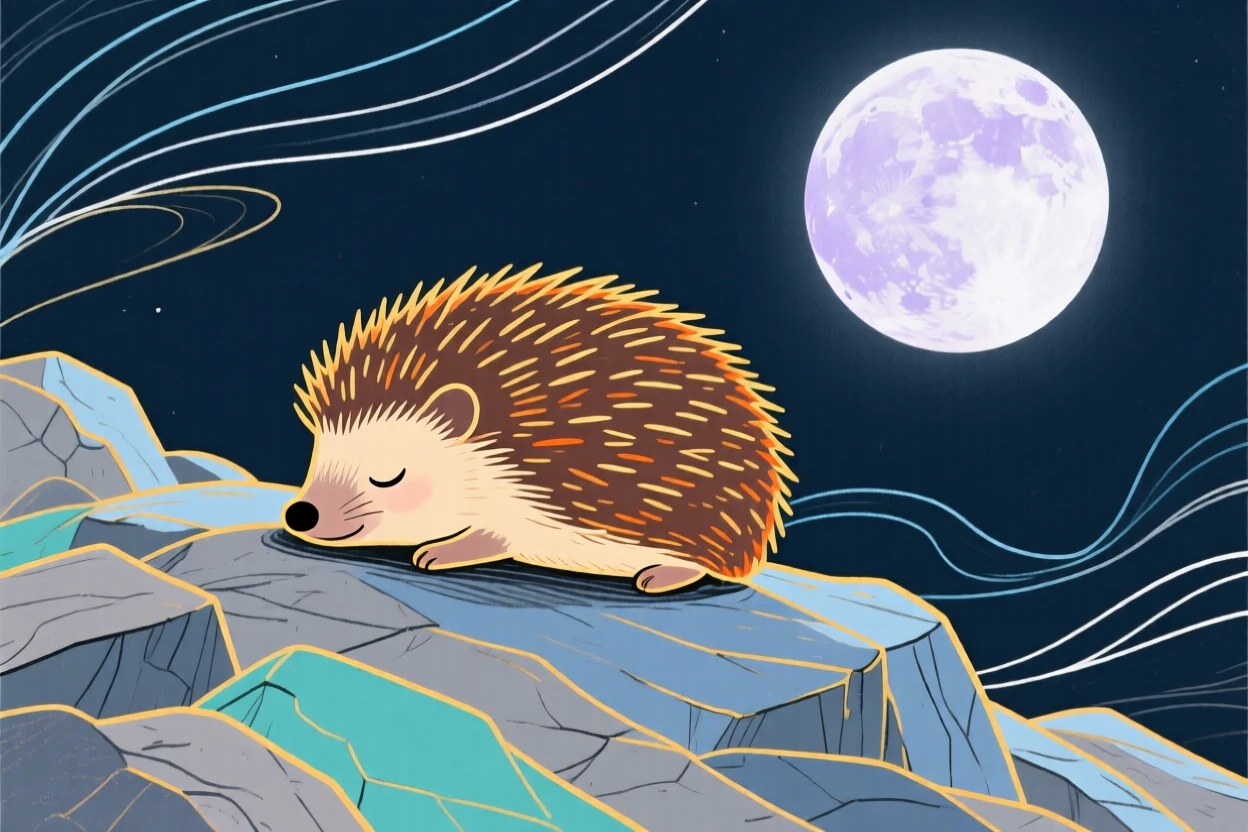 A small hedgehog napping on a rocky hillside under a full moon.